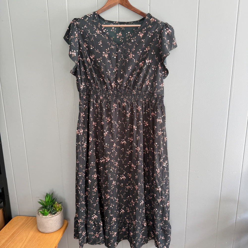 SHEIN Curve 4XL Black Floral Smocked Waist Flutter Sleeve Maxi Dress Plus Size
